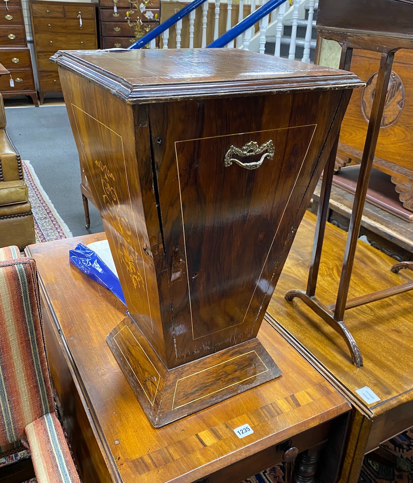 An Edwardian inlaid rosewood pedestal coal scuttle, width 38cm, depth 38cm, height 63cm